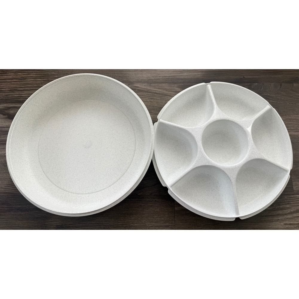 Vintage Tupperware Serving Center White Granite Fleck Divided Tray Bowl 1665-1